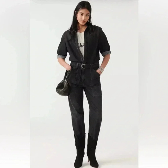 ba&sh Women’s Frida Denim Jumpsuit  Black Size 0‎ Waist Tie Front Buttons - Picture 1 of 9